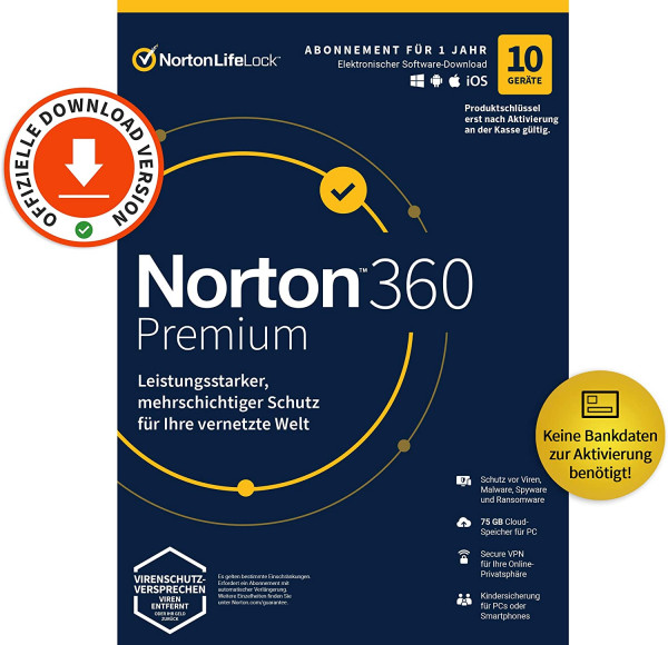 Norton 360 Deluxe 10 Geräte 1 Jahr 75GB Cloud OHNE ABO